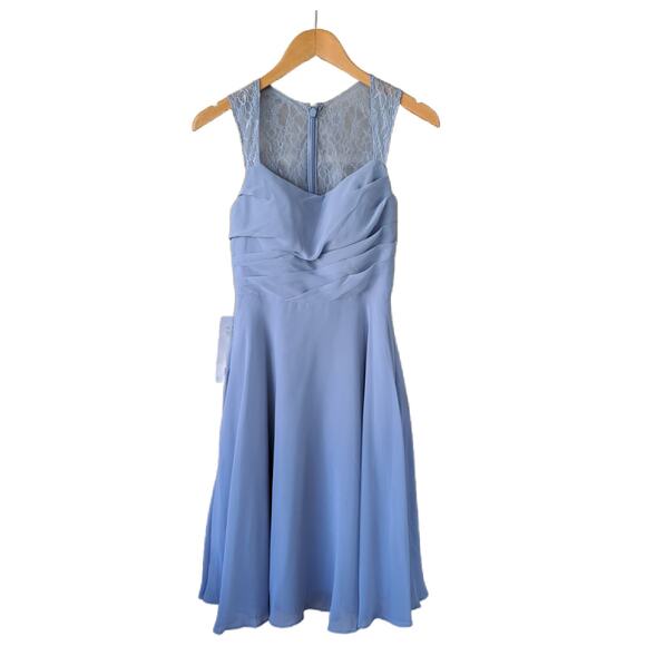 NEW AZAZIE Vina Chiffon Lace A-line Dress Sz 0 Dusty Blue Bridesmaid Knee-length - Picture 12 of 13